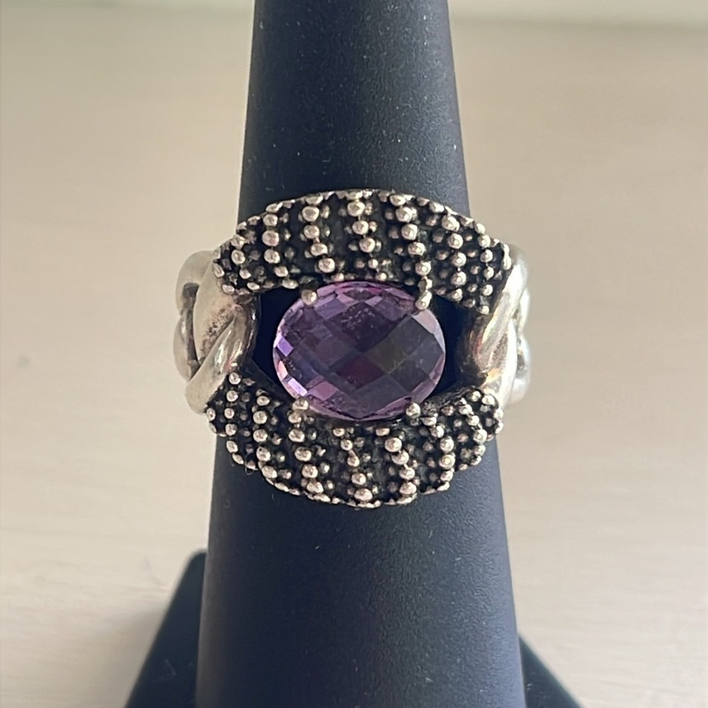Michael Dawkins Sterling Silver Amethyst Caviar Statement Ring
